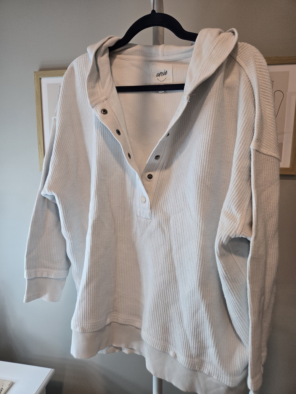 aerie Cream Heavy Weight Waffle-Knit Snap Placket Hoodie